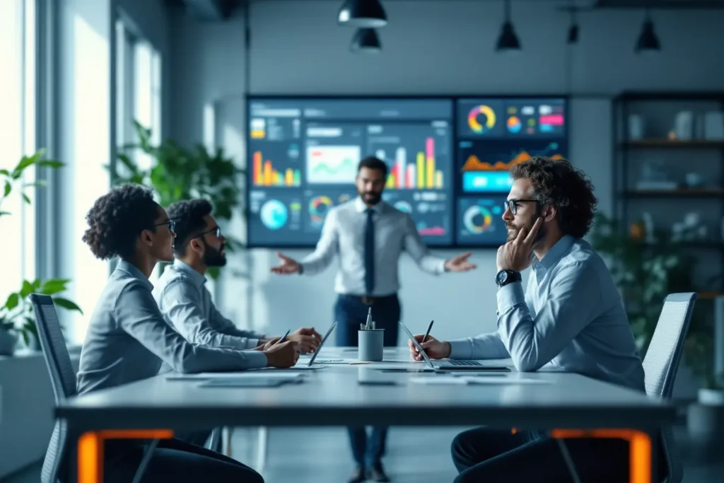 Profissionais avaliando métricas de marketing e performance empresarial em ambiente corporativo