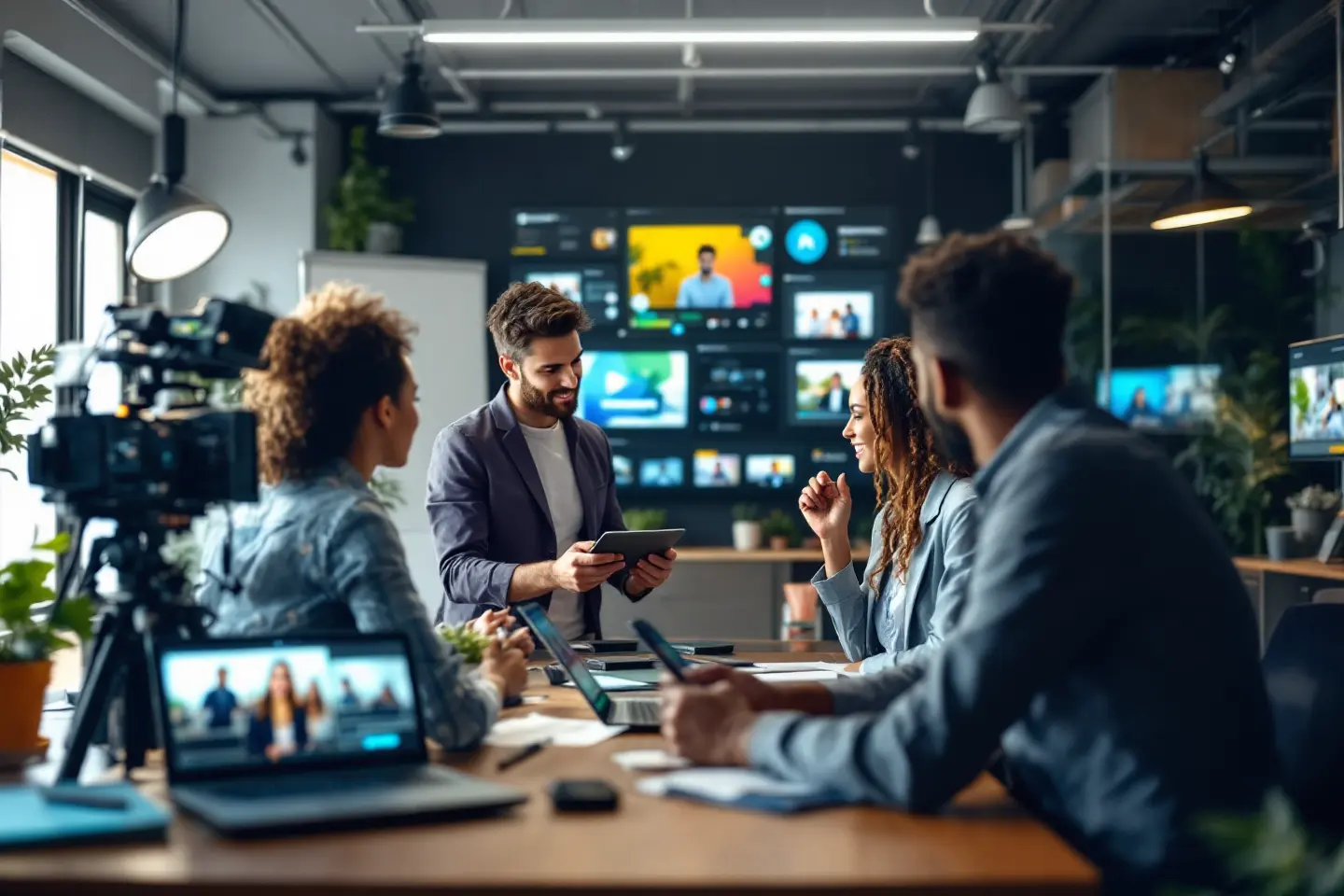 Profissionais analisando vídeos e estratégias digitais em uma reunião de marketing