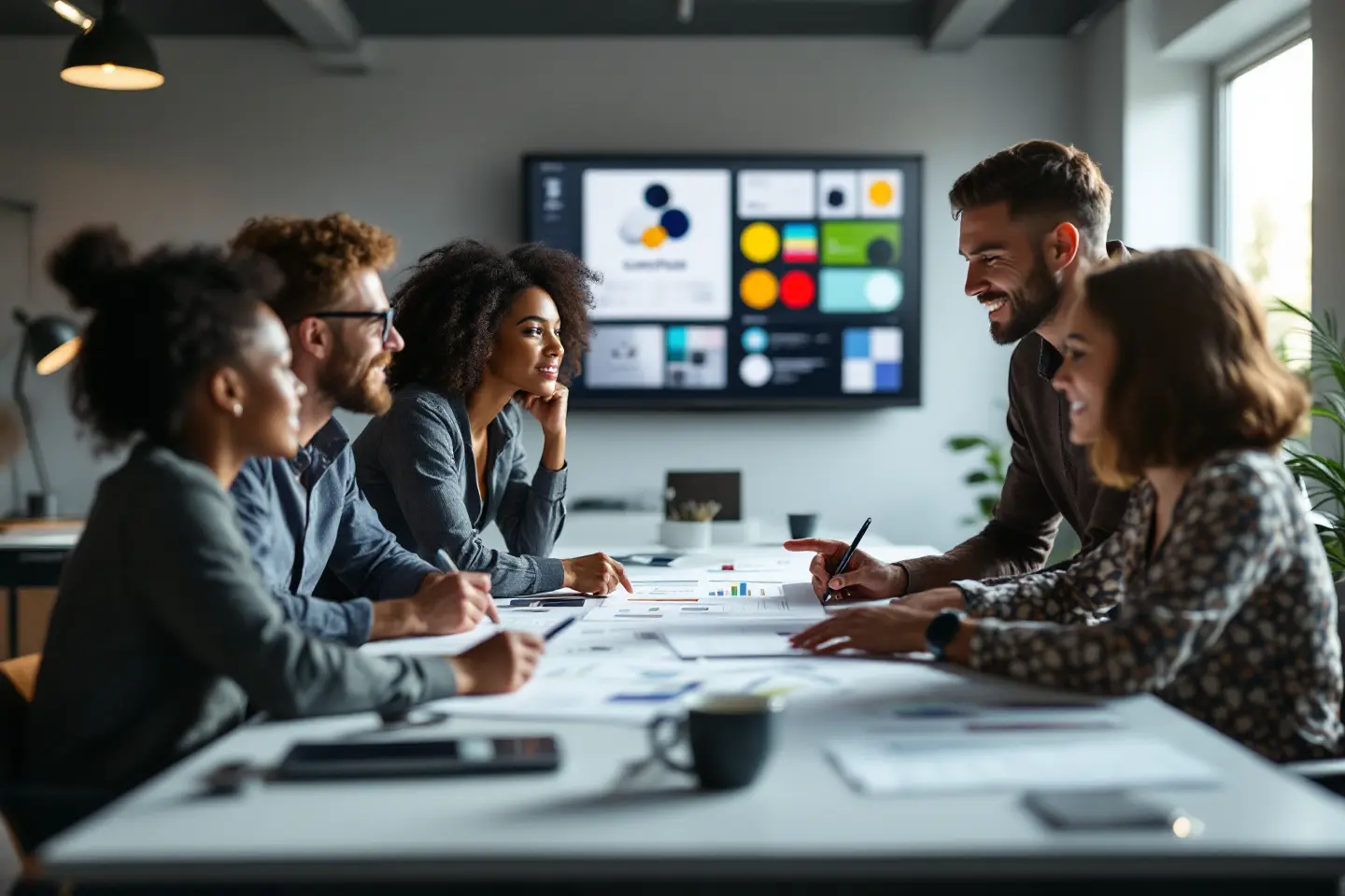 Reunião de equipe de marketing e design discutindo manual de identidade visual e aplicação de paleta de cores e logotipo em ambiente corporativo.