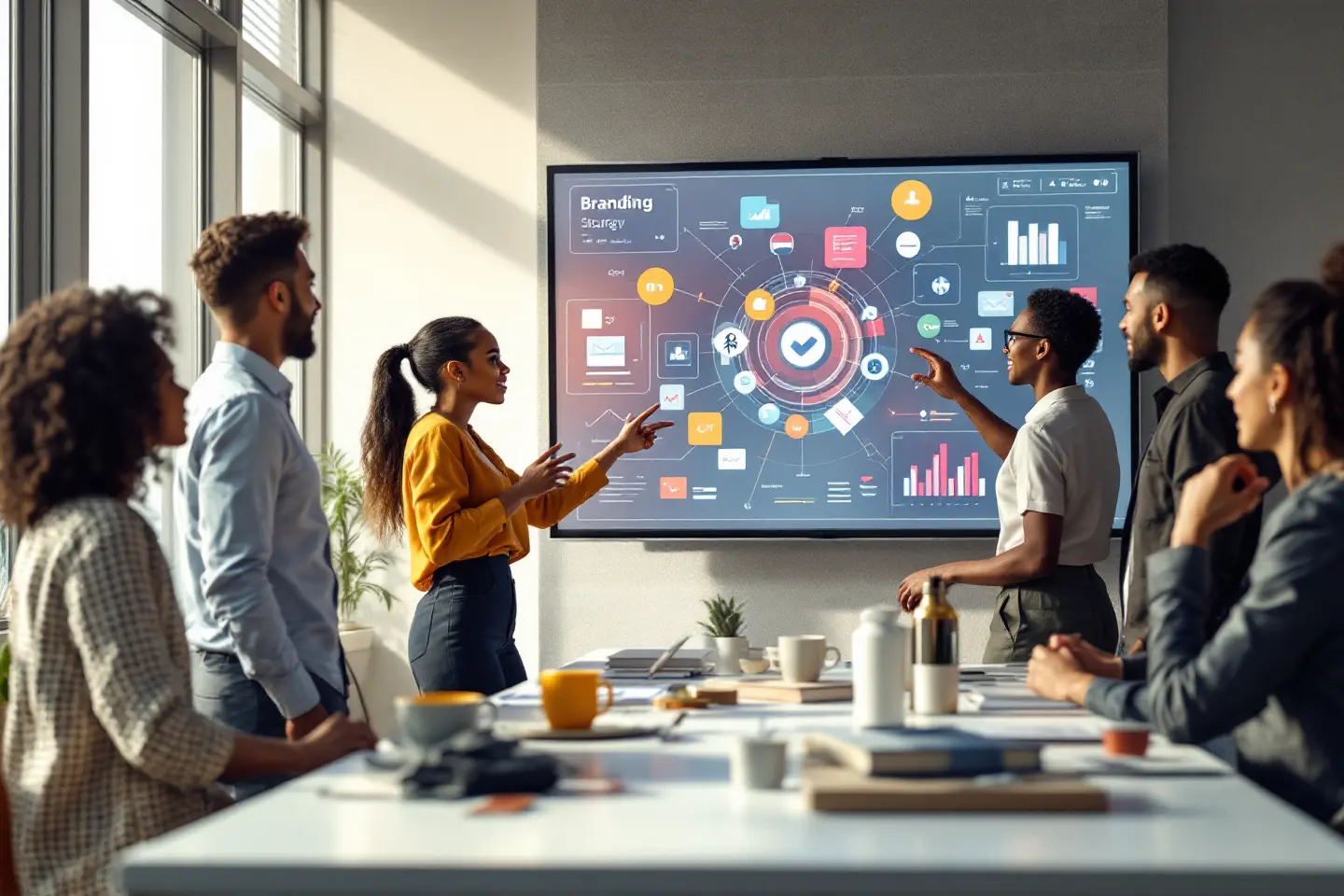 Equipe de marketing analisando painel de estratégia de branding com gráficos e ícones coloridos em uma sala de reunião
