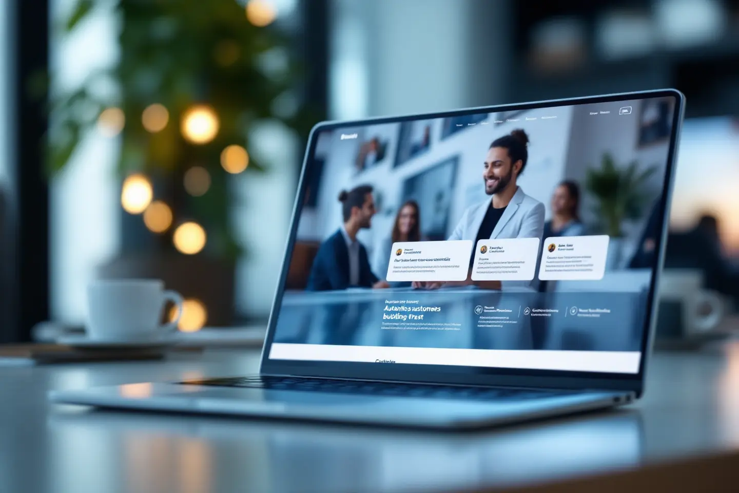 Notebook exibindo site empresarial moderno em ambiente de trabalho