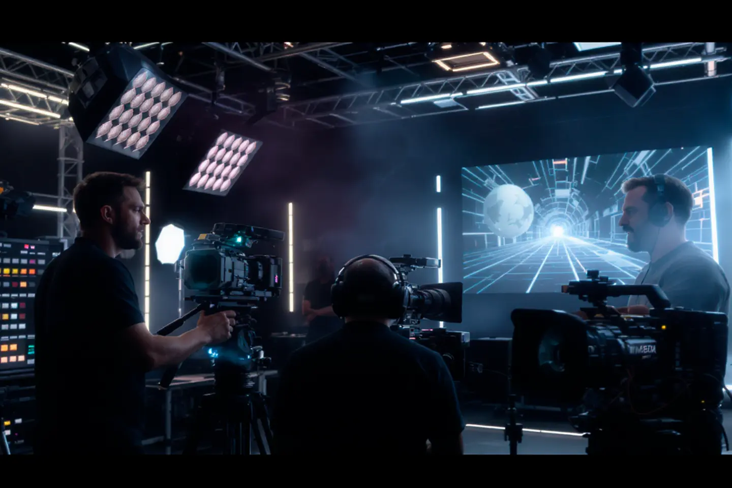 Profissionais operando câmeras em estúdio moderno com telão digital e iluminação de palco