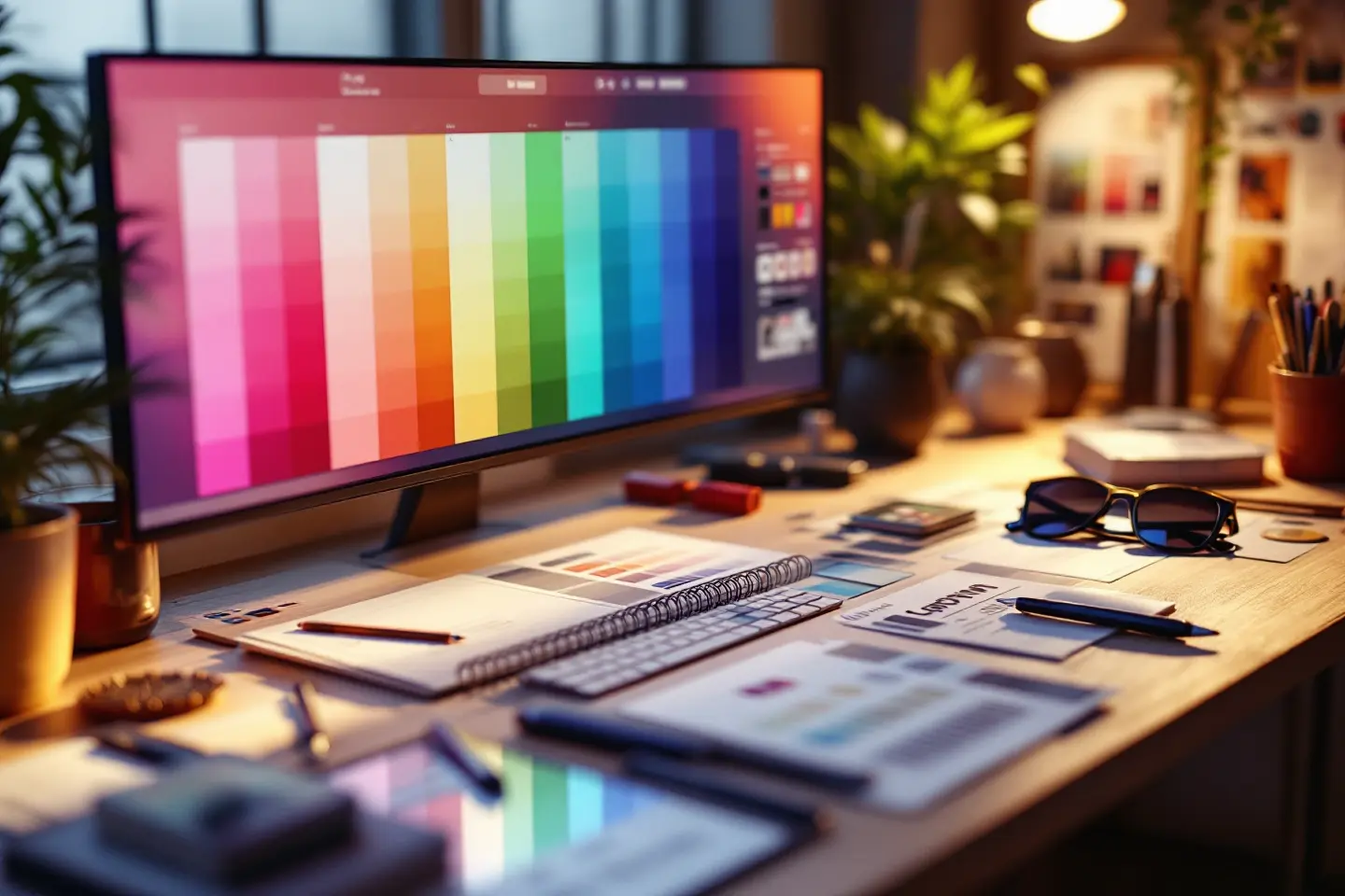 Estação de trabalho com monitor exibindo paleta de cores e materiais de design gráfico espalhados sobre a mesa.