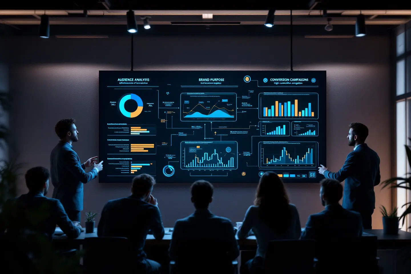 Reunião corporativa com profissionais apresentando gráficos em tela digital
