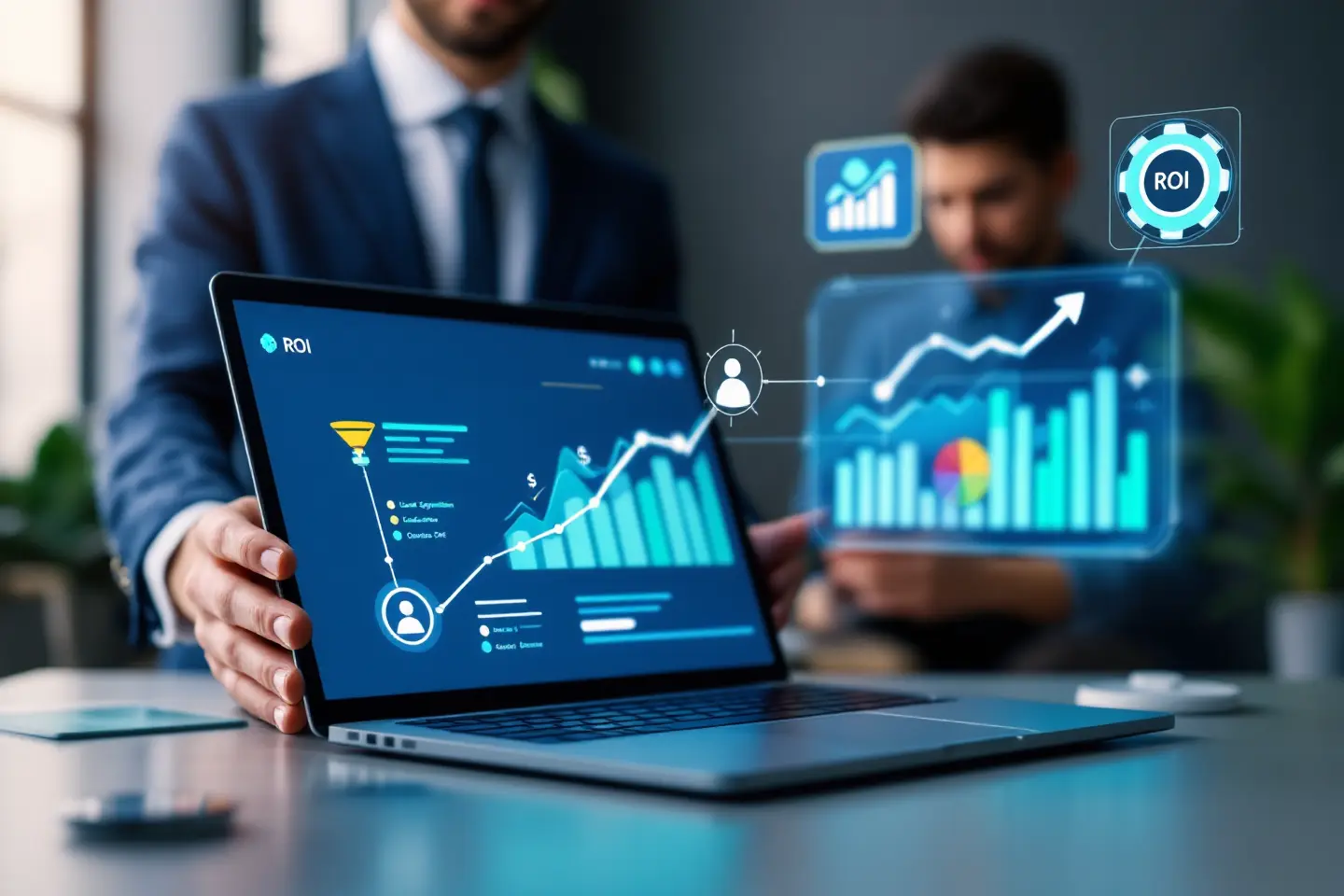 Homem apresentando métricas de ROI em laptop com gráficos digitais, representando análise de resultados de marketing.