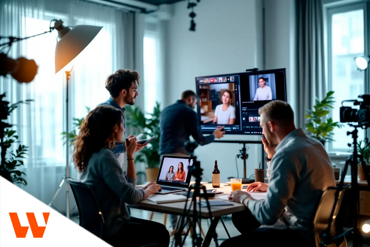 Equipe de produção gravando e editando vídeos em estúdio corporativo