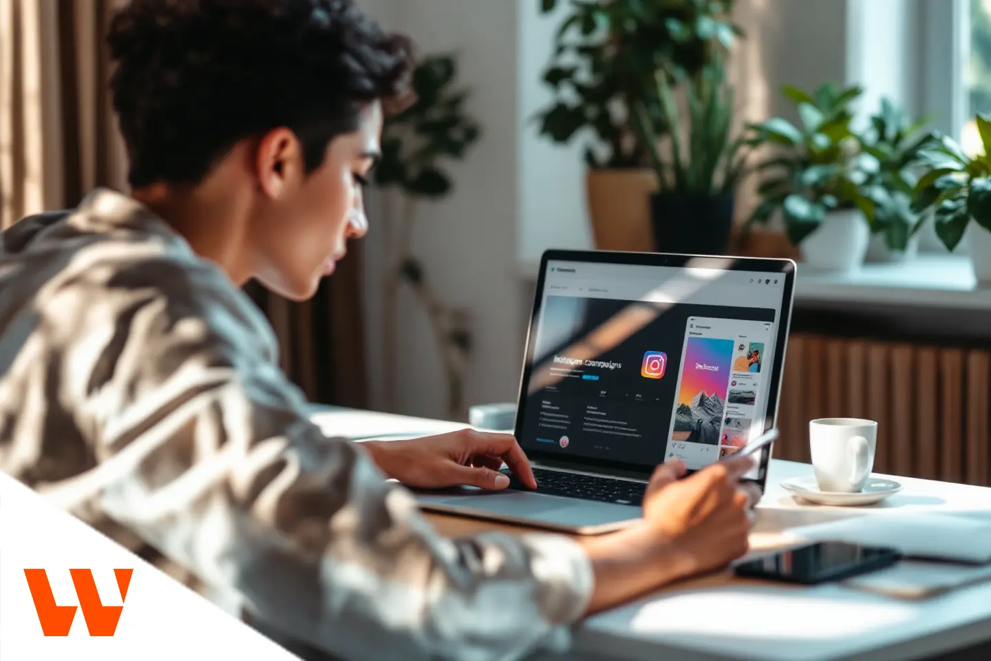 Profissional gerenciando campanhas de tráfego pago Instagram em laptop enquanto utiliza o celular durante o planejamento