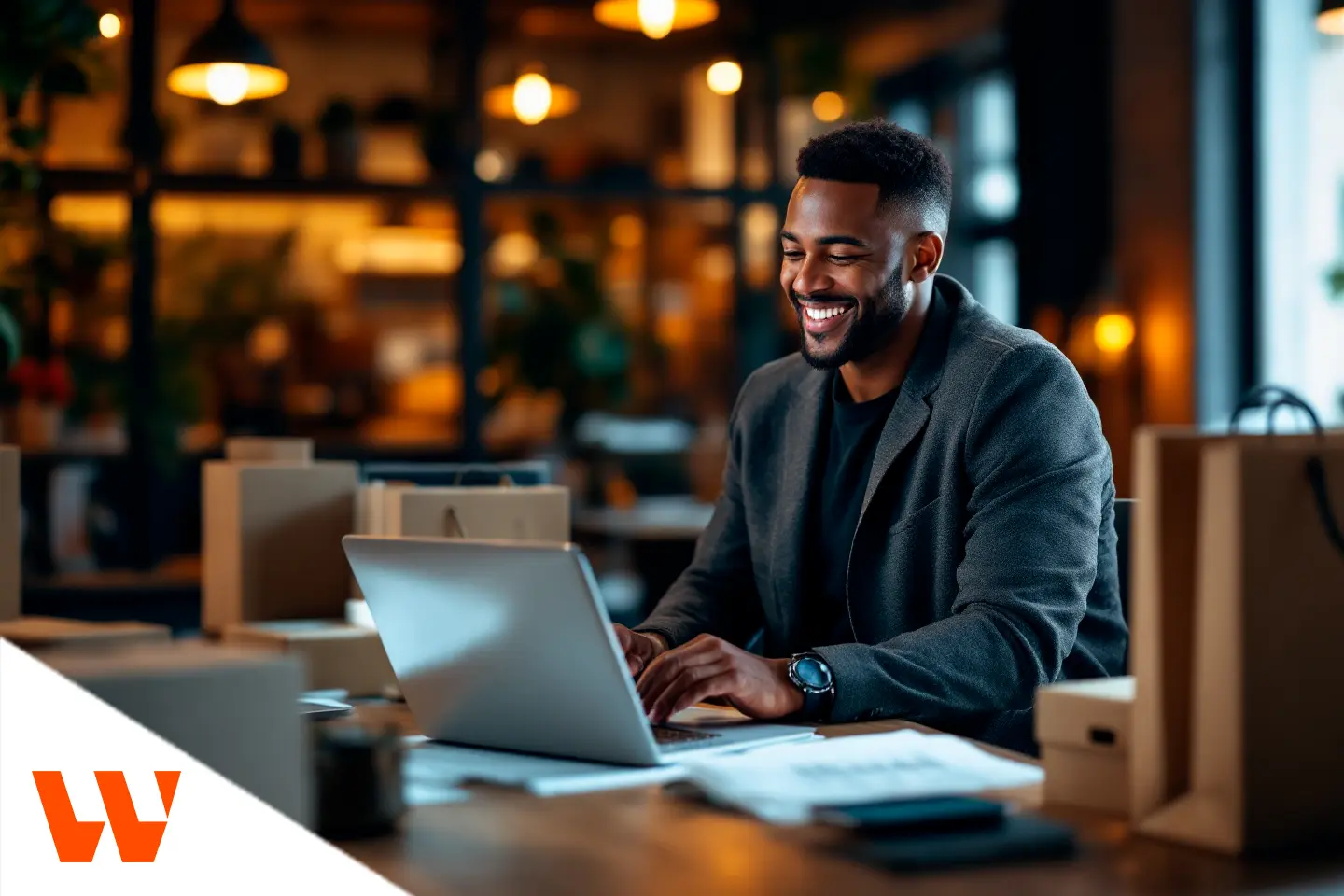 Empreendedor trabalhando no notebook enquanto organiza pedidos e prepara estratégias para a Black Friday 2025