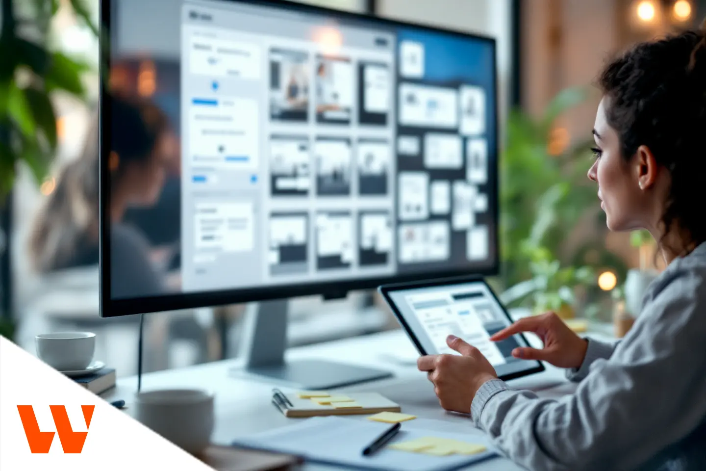 Profissional analisando layouts digitais em monitor e tablet, trabalhando com arquitetura de informação UX.