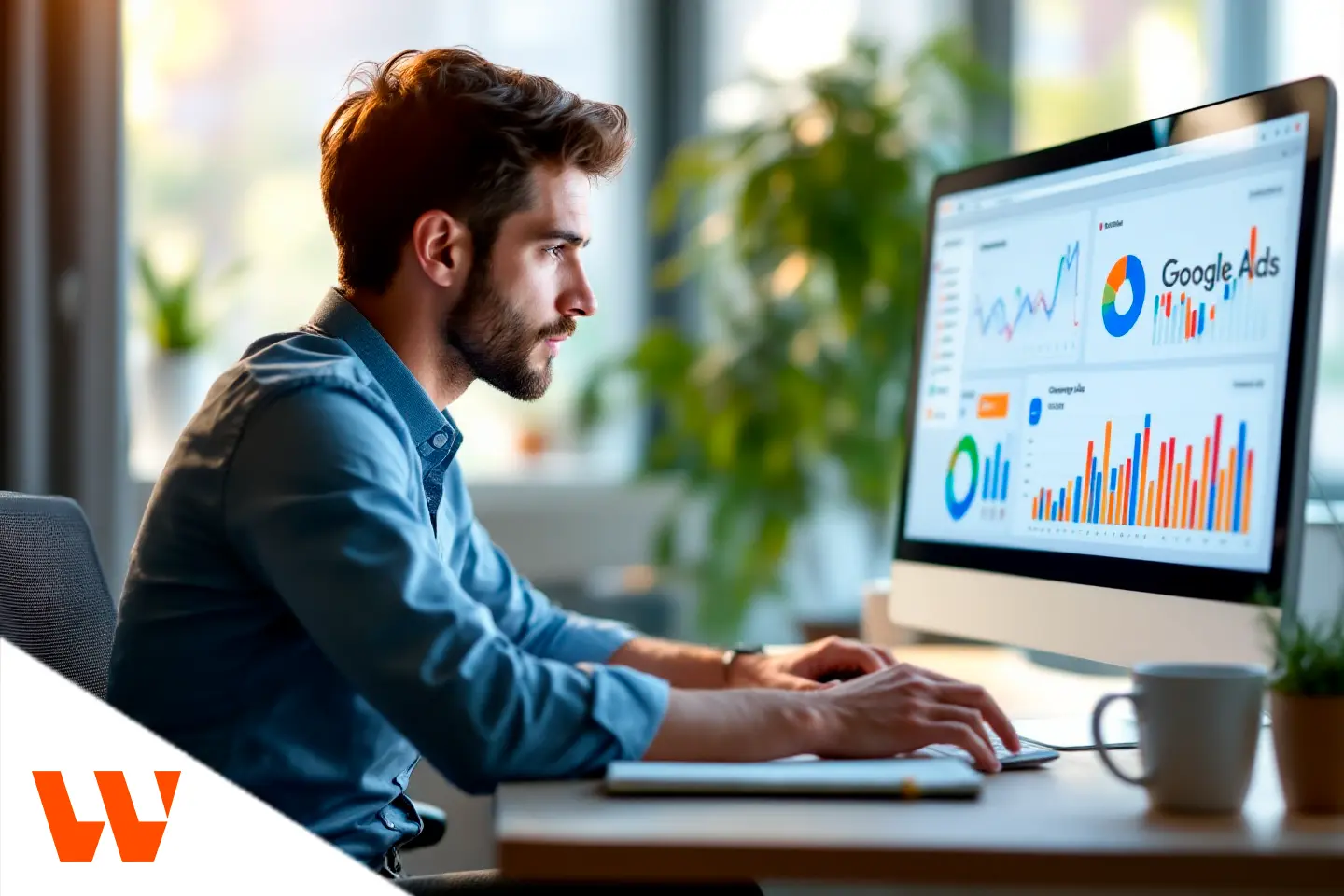 Profissional analisando campanhas de tráfego pago no Google Ads em um monitor com gráficos