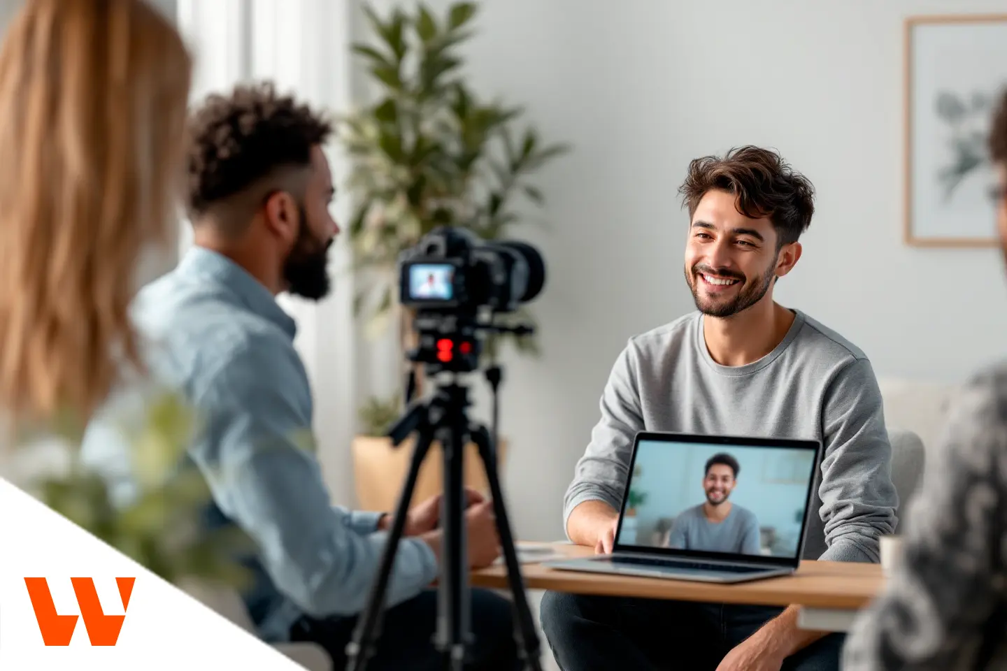Equipe gravando vídeos de depoimentos em estúdio com câmera profissional
