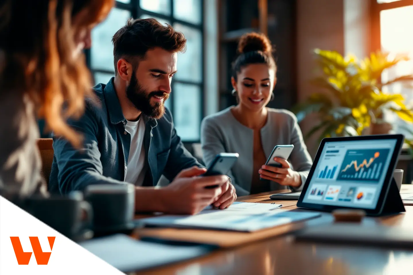 Equipe analisando métricas no celular e no tablet para criar público quente Black Friday