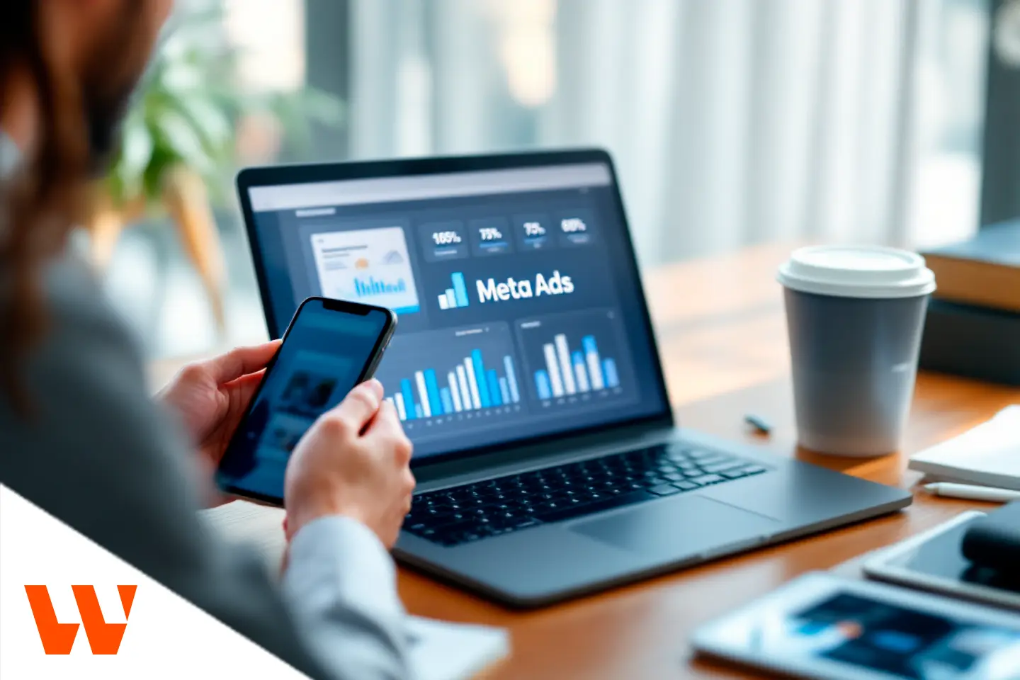 Pessoa analisando métricas de tráfego pago Facebook Ads no celular e no notebook