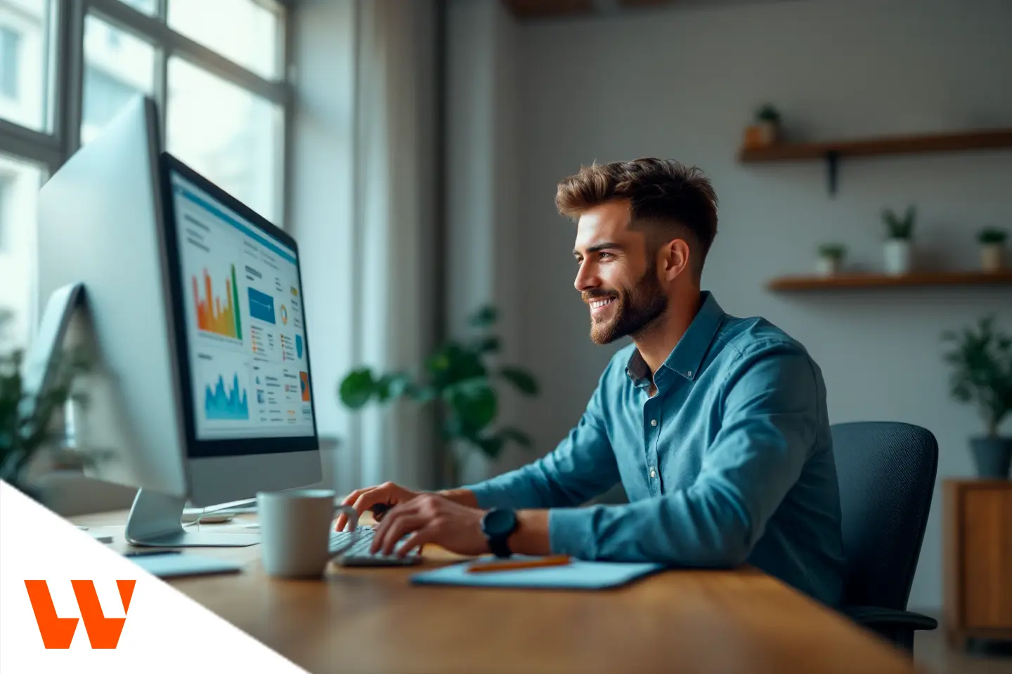 Profissional analisando métricas de campanhas digitais em tela de computador em ambiente corporativo