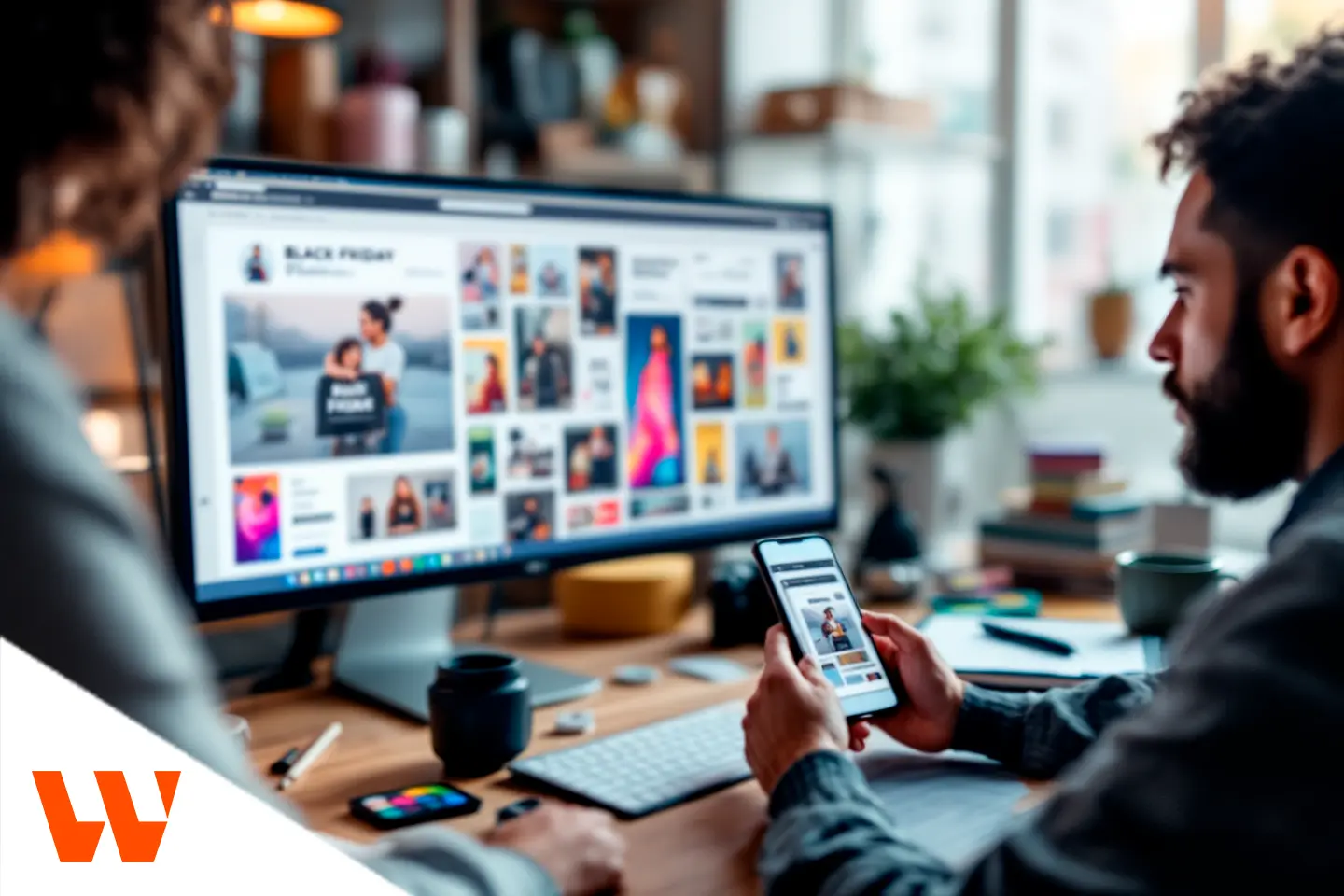 Profissional analisando criativos Black Friday em monitor e celular