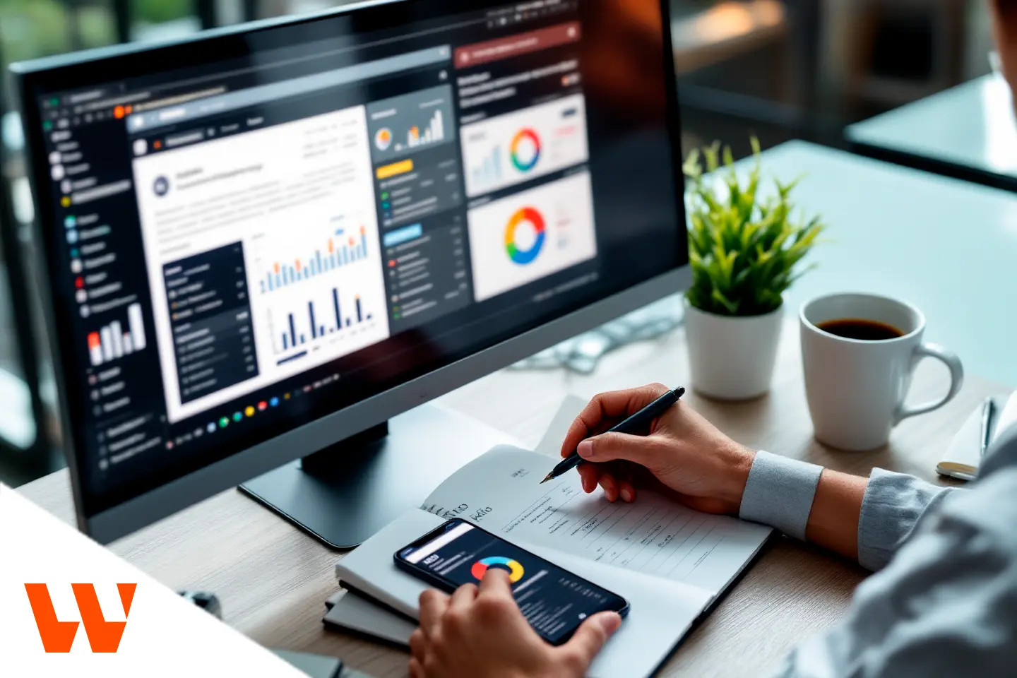 Profissional analisando gráficos em um monitor e celular enquanto trabalha em um hotsite para campanhas