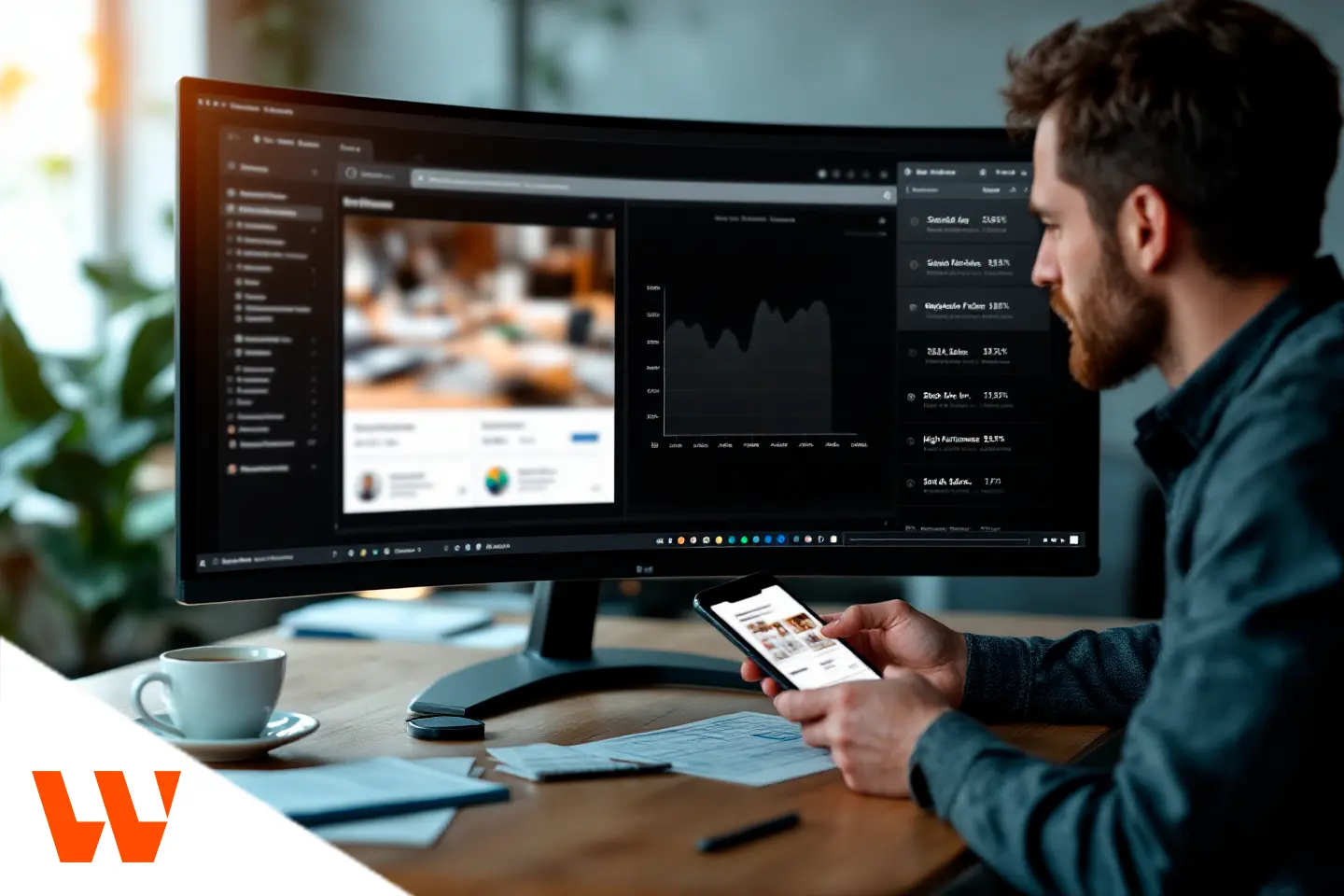 Homem analisando desempenho de anúncios de tráfego pago em monitor ultrawide enquanto segura o celular