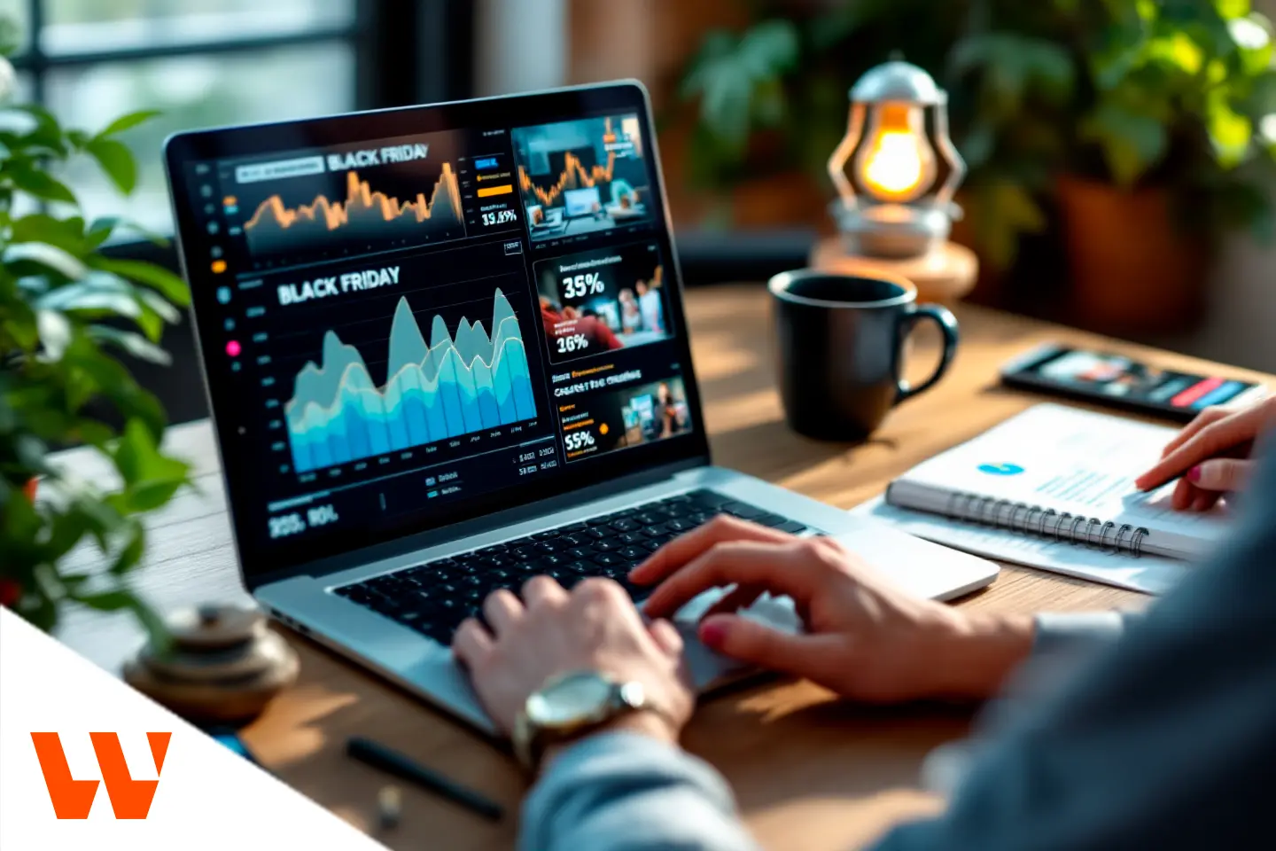 Pessoa analisando gráficos em um notebook sobre ROI tráfego pago Black Friday