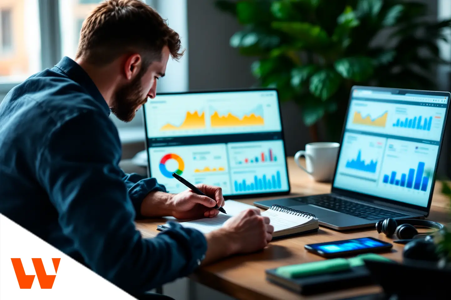 Homem analisando métricas de tráfego pago em dois notebooks com gráficos na tela