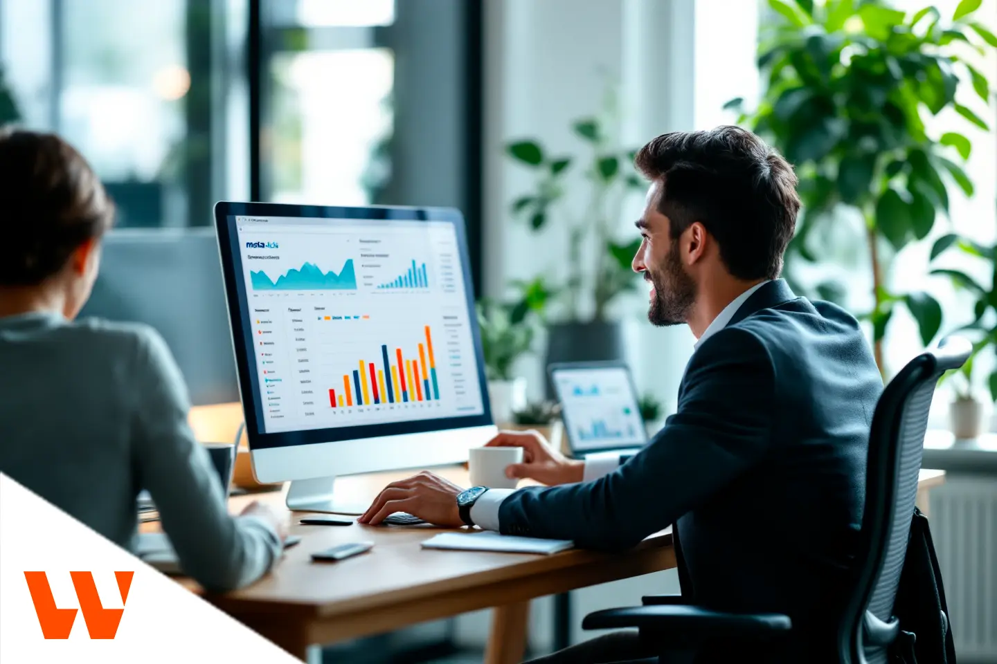 Profissional analisando relatórios de desempenho de campanhas digitais em escritório moderno