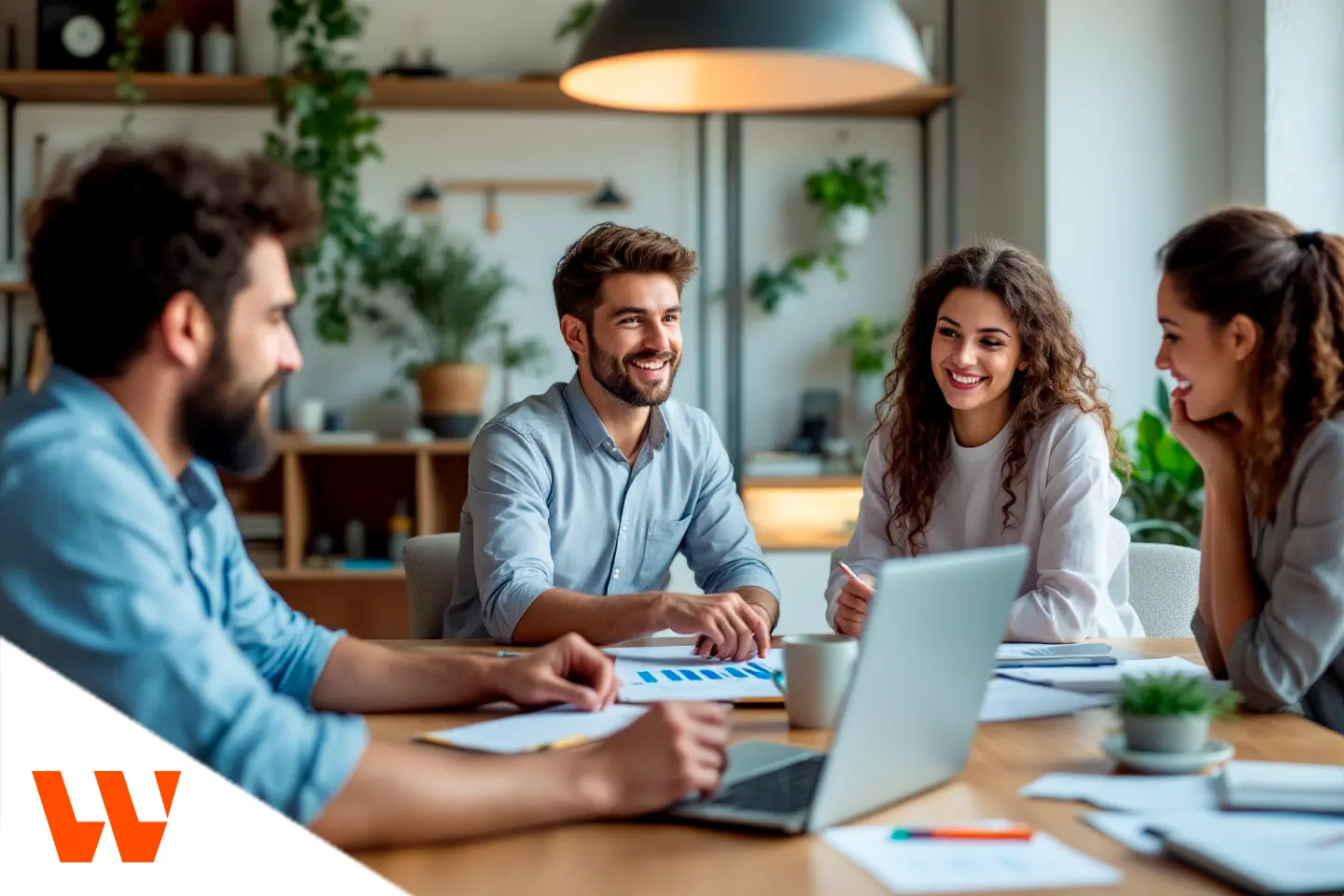 Equipe de marketing sorridente em reunião estratégica analisando resultados de conteúdo e vendas