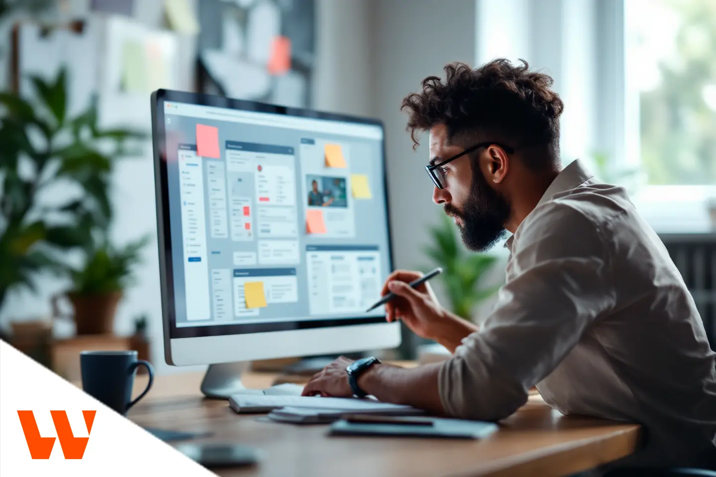 Profissional de design desenvolvendo arquitetura de informação UX em tela de computador para otimizar navegação do site