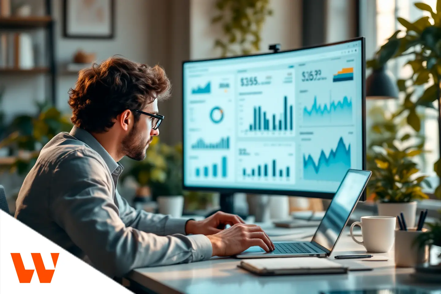 Gestor analisando métricas e gráficos de campanhas de tráfego pago inteligente em tela de computador