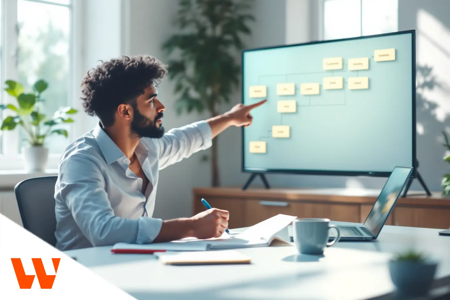 Profissional explicando o fluxo da jornada do cliente em um diagrama exibido na tela durante reunião de estratégia.