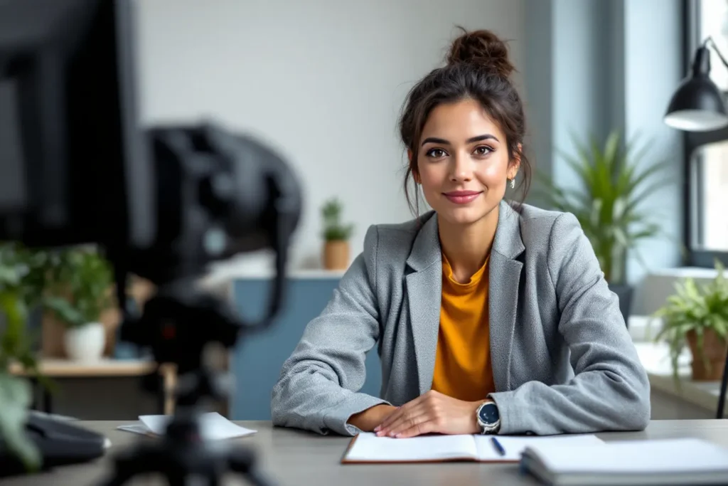Profissional sorridente gravando vídeo institucional em ambiente de escritório moderno