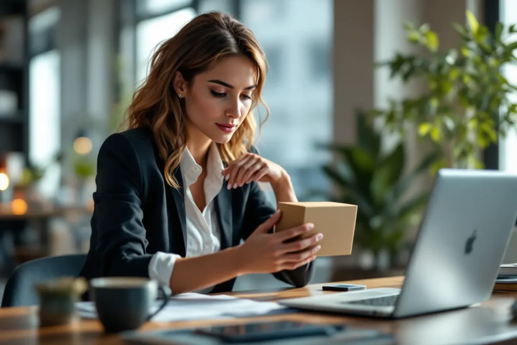 Empresária analisando embalagens e avaliando produtos para criação de ofertas da Black Friday 2025