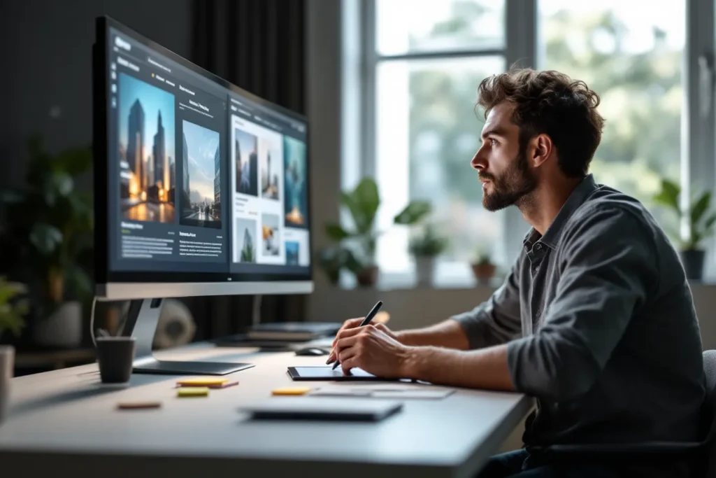 Designer avaliando estruturas visuais em tela grande, desenvolvendo arquitetura de informação UX