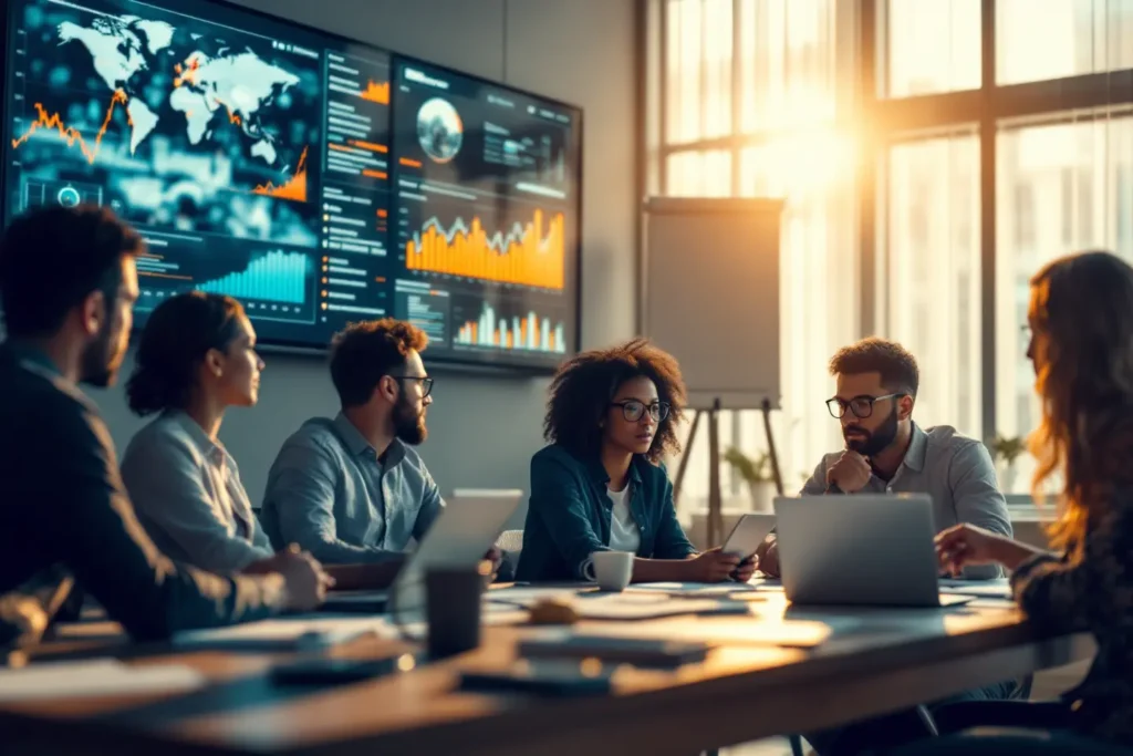 Profissionais avaliando gráficos em tela grande durante reunião estratégica de planejamento de campanhas Black Friday