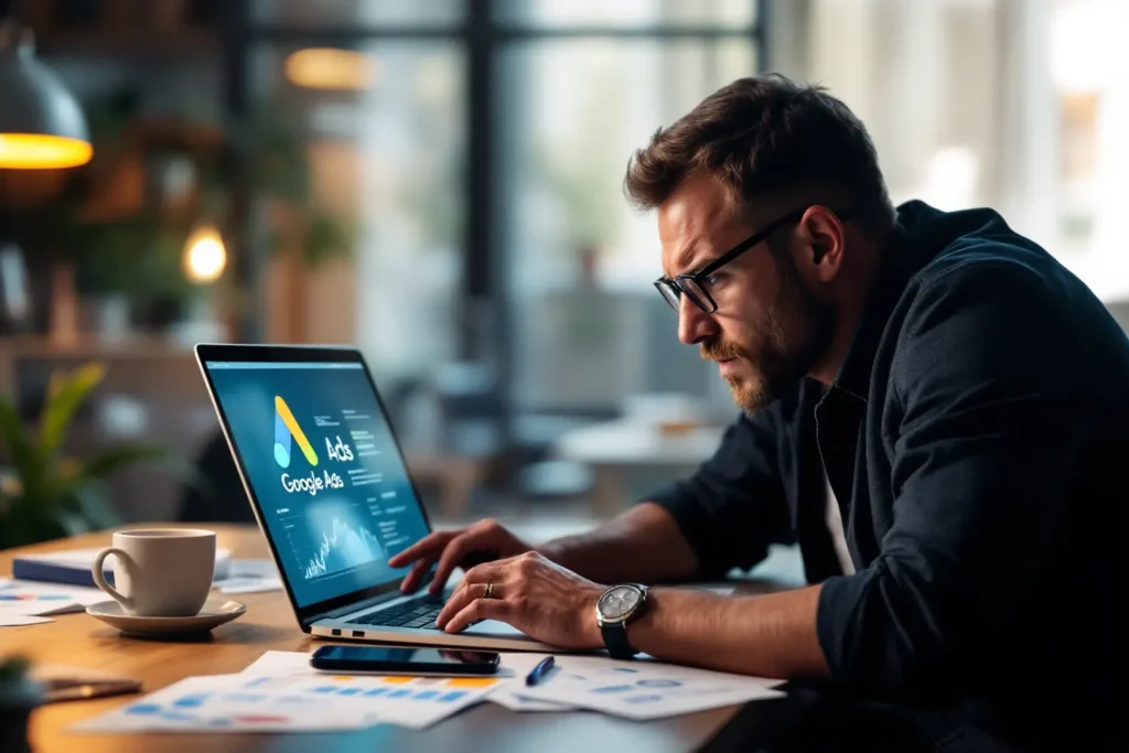 Gestor trabalhando em laptop com painel de tráfego pago no Google Ads aberto