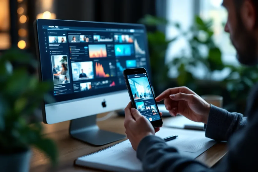 Profissional gerenciando campanhas de tráfego pago Black Friday no computador e celular