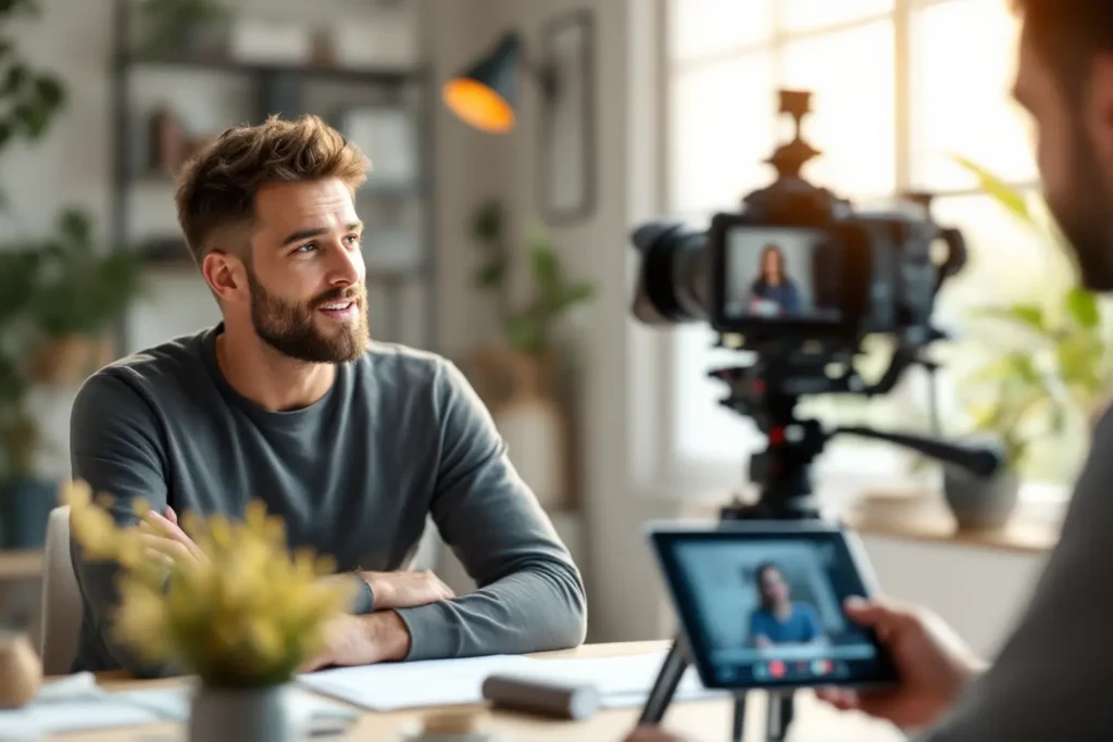 Homem falando para câmera durante gravação de vídeos de depoimentos