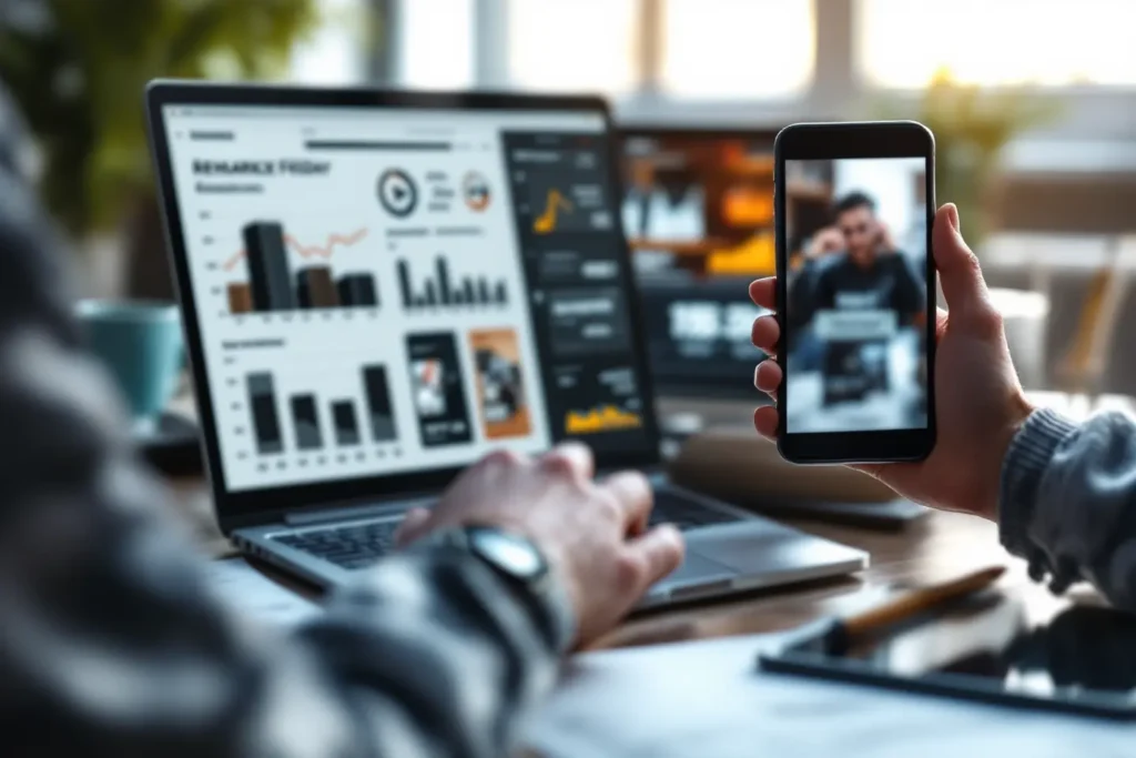 Profissional avaliando gráficos e anúncios no computador e celular para público quente Black Friday