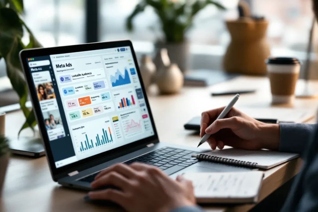 Tela de dashboard com dados de campanhas de tráfego pago Facebook Ads sendo estudados no notebook