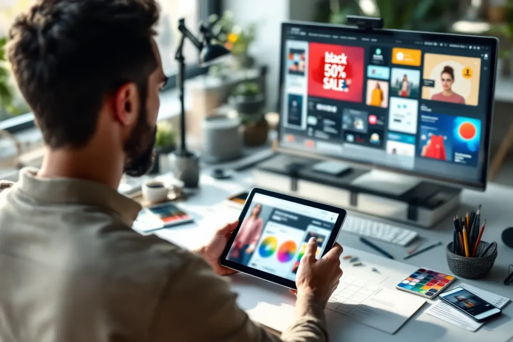 Homem avaliando criativos Black Friday em tablet e computador