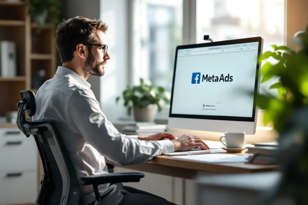 Gestor de marketing utilizando a plataforma Meta Ads para criar campanhas de remarketing