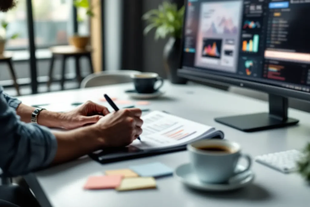 Pessoa revisando relatórios e gráficos em tela grande durante a criação de um hotsite para campanhas