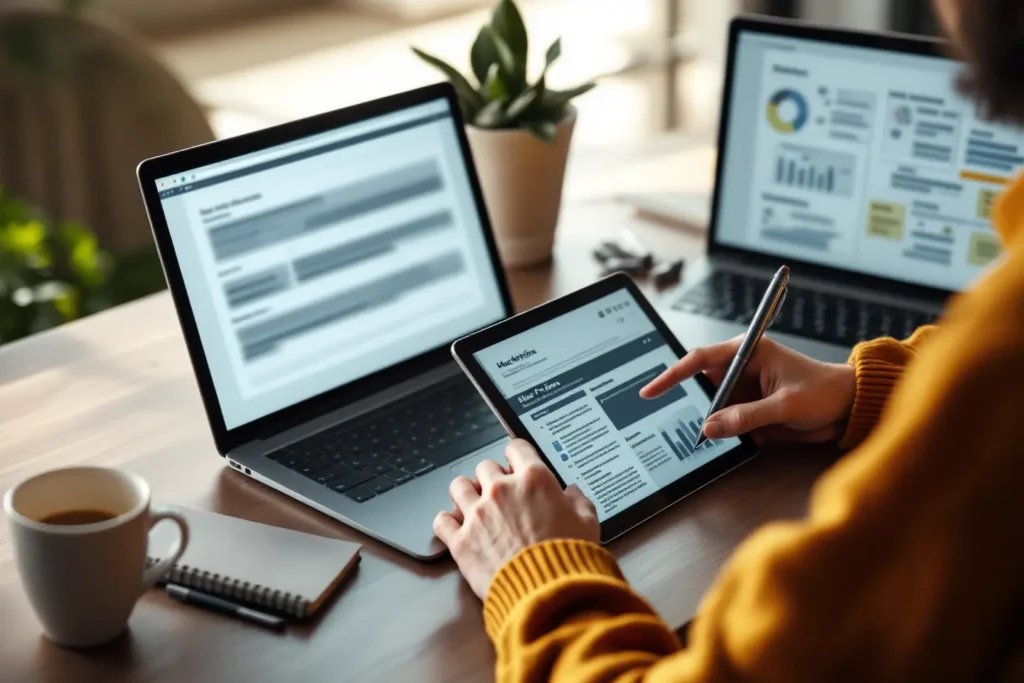 Pessoa avaliando gráficos e relatórios em tablet e notebook durante planejamento de oferta Black Friday serviços
