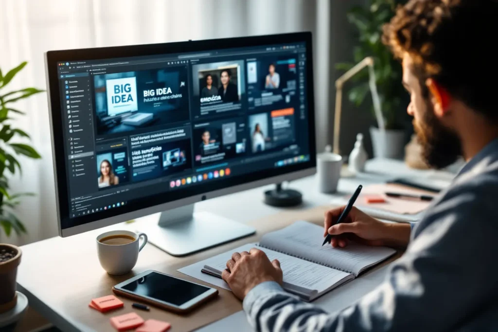 Profissional escrevendo em caderno enquanto gerencia campanhas e anúncios de tráfego pago em um monitor grande