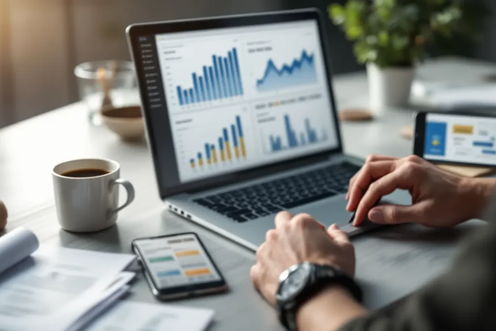 Usuário avaliando relatórios e métricas digitais com foco em ROI tráfego pago Black Friday