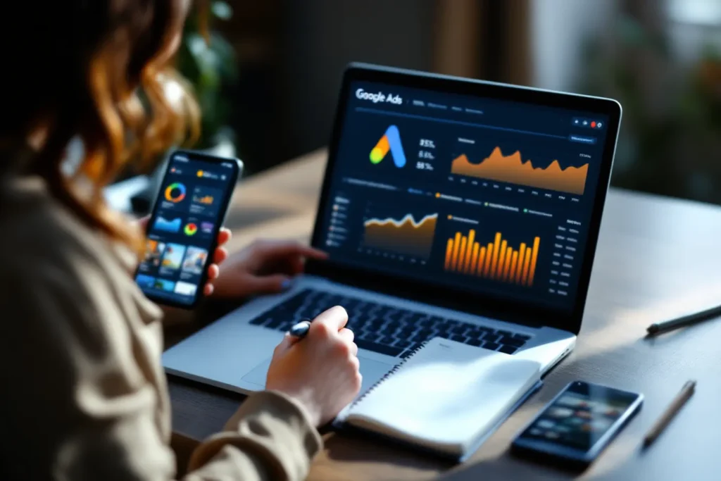 Profissional avaliando métricas de tráfego pago no Google Ads usando notebook e smartphone