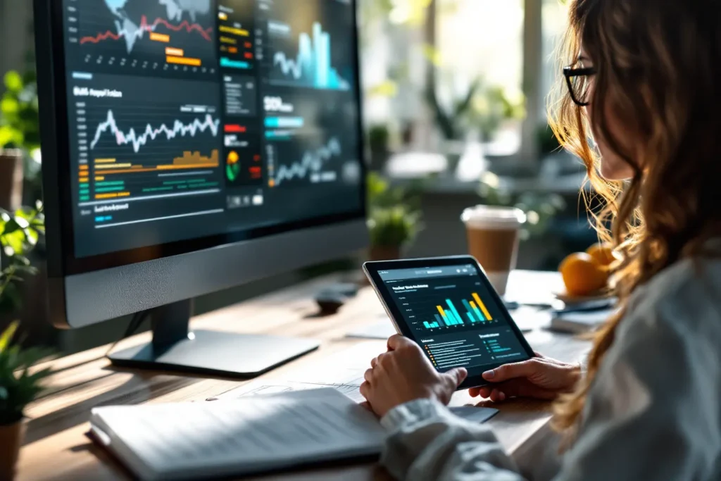 Gestora avaliando gráficos em tela ampla e tablet com indicadores de campanhas para Black Friday B2B