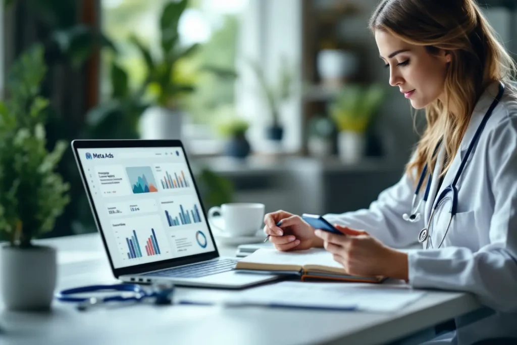 médica avaliando campanhas de tráfego pago para médicos no Meta Ads