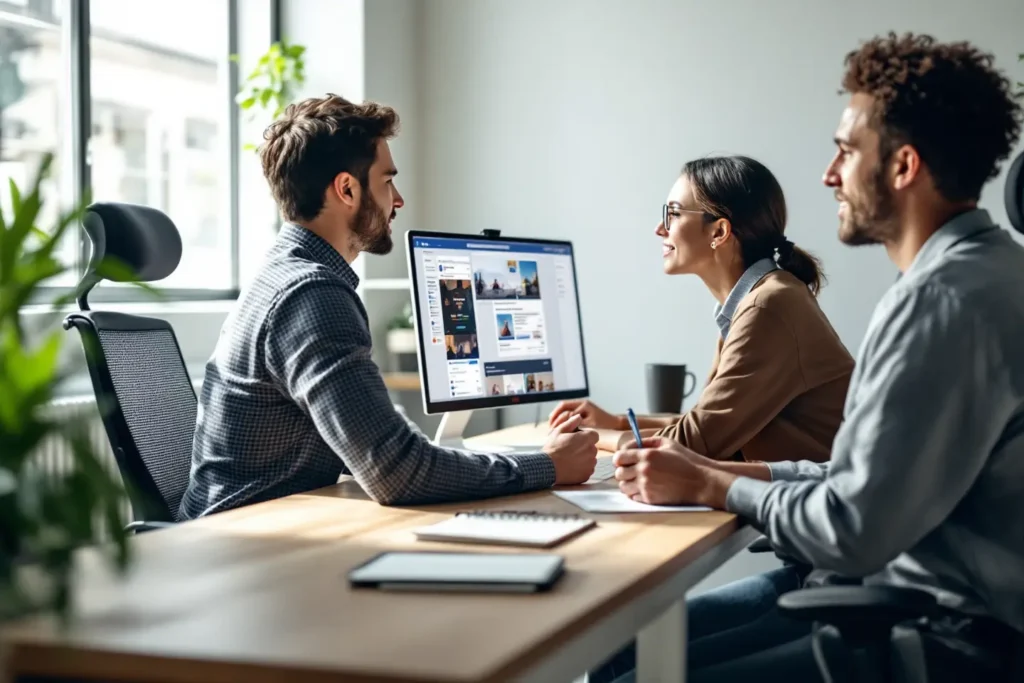 Equipe de marketing planejando anúncios e estratégias de tráfego pago com foco em resultados