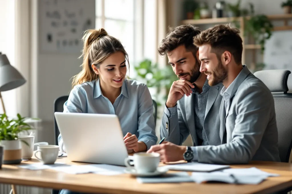 Profissionais discutindo estratégias de conteúdo e tráfego digital em frente a um notebook