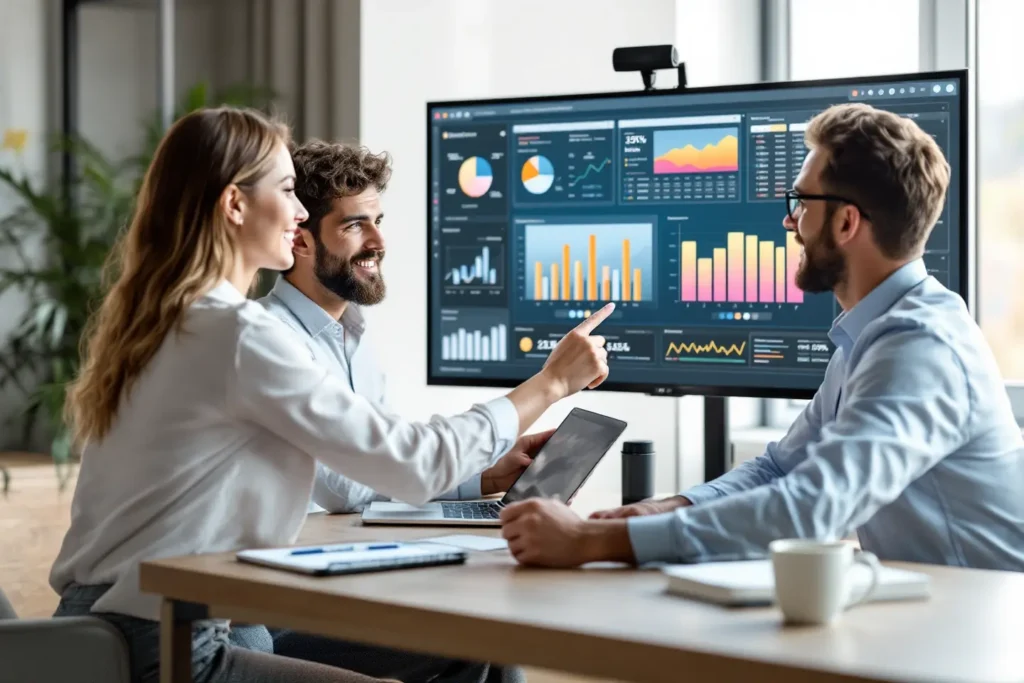 Profissionais analisando gráficos de desempenho e métricas de autoridade digital em tela interativa