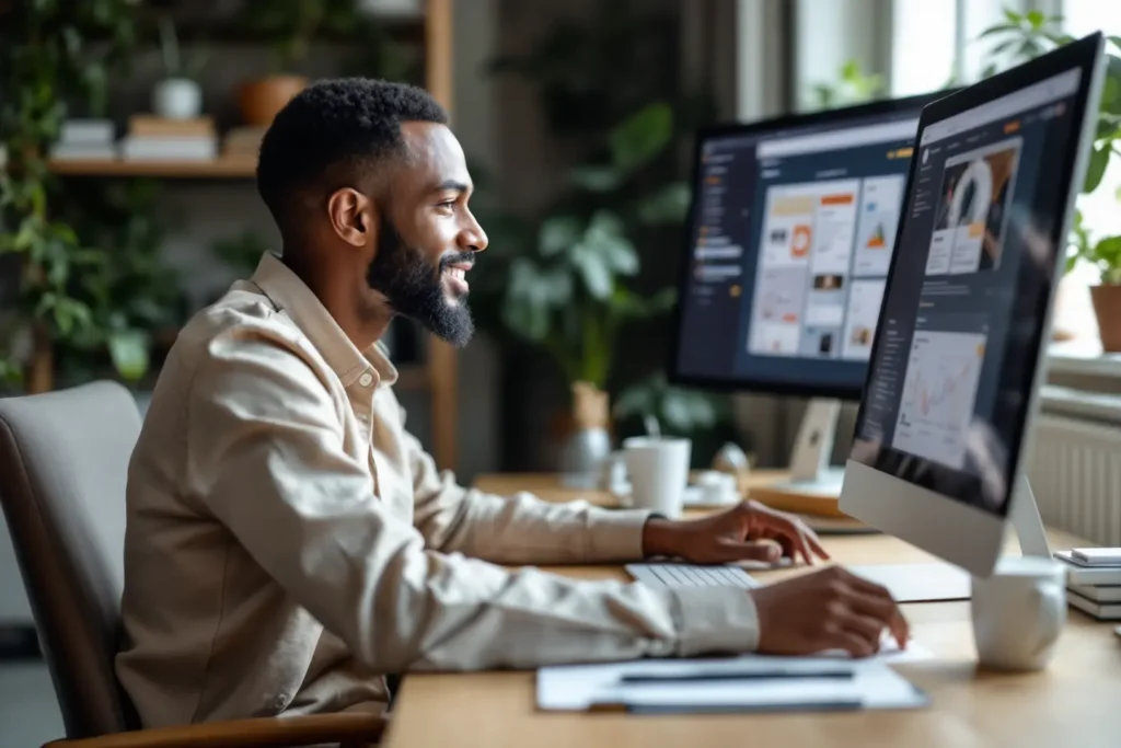 Designer analisando métricas e layouts digitais focados em arquitetura de informação UX e conversão de usuários